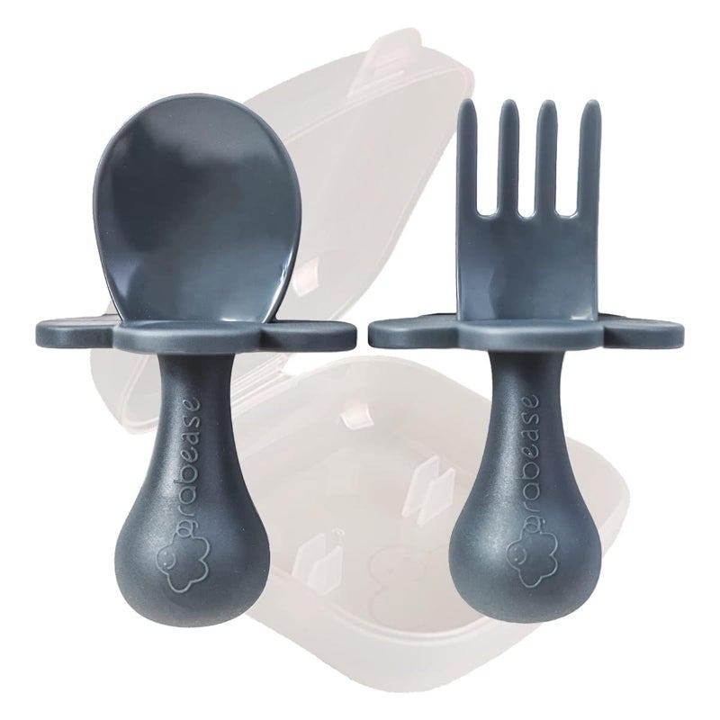 Grabease Baby Feeding Utensils Set - Ergonomic Grip for Self-Feeding - Anti-Choke Collar & Toddler Cutlery Safety - Dishwasher Safe & Travel-Ready Baby Feeding Set - Gray, Pack of 1 - Image 1